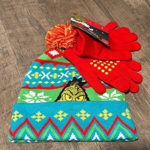 The Grinch 2 pc.Pom Pom Knit Cuffed beanie hat & gloves set,Christmas warm hat